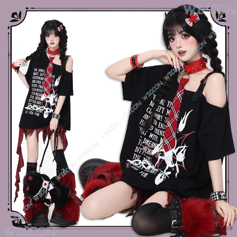 

‌‌‌‌Jirai Kei ‌Sweet Cool Y2K Spider Print Off Shoulder Tshirt Summer Top Anime Gothic Lolita Harajuku Streetwear Fashion‌ Sexy