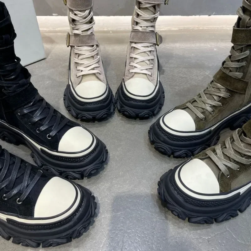 Trendy Punk Women Boots Mid-calf Ladies Boots Patchwork Woman Designer Shoes Buckle Strap Decoration Motorcycle Boot Botte Femme