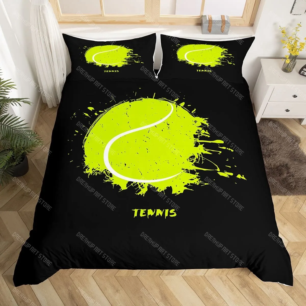 

Tennis Court Print Duvet Cover Set,Boys Sports Games Themed Comforter Cover,Yellow Tennis Racket Sporting Equipment Bedding Set