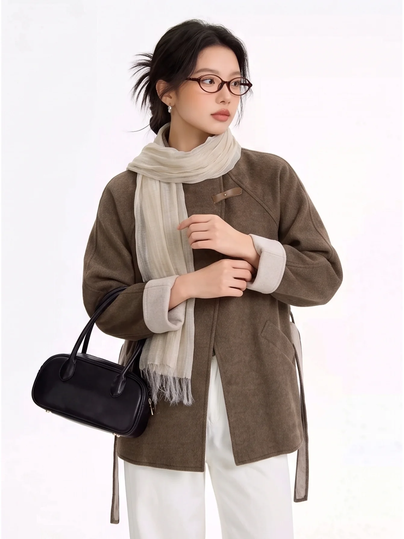 Double-Faced Woolen Autumn Winter New Style Slimming Stand Collar Color Block Vintage High Quality Korean Fashion Outerwear