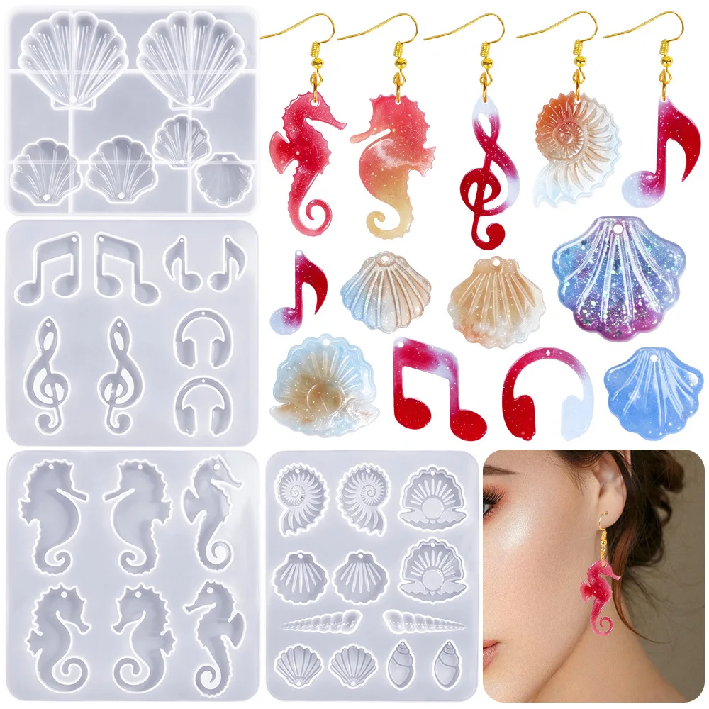 DIY Epoxy Conch Shell Series Earrings Silicone Mold Ocean Wind Music Note Seahorse Pendant Earrings Pendant Mould