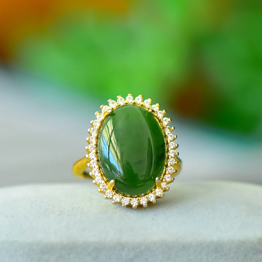 Anillo de Jade de Hetian redondo de piedras preciosas verdes para mujer, anillos de citas, joyería de oro para mujer, accesorios, ajuste de clavija ajustable