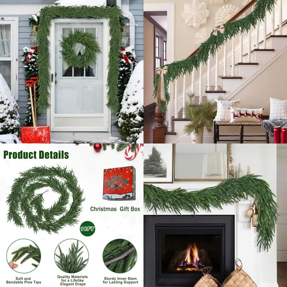 

Реалистичная толстая пышная гирлянда из искусственной сосны длиной 16 футов для мантии, внутренних рождественских украшений, лестниц, перил, уличного камина,