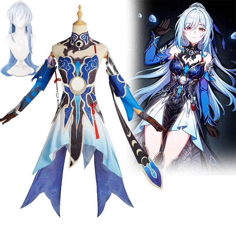 

Game Honkai Star Rail Jingliu Cosplay Wig Set Costume Earrings Ring Xianzhou Luofu Blue Women Dress Party Role Play Suit