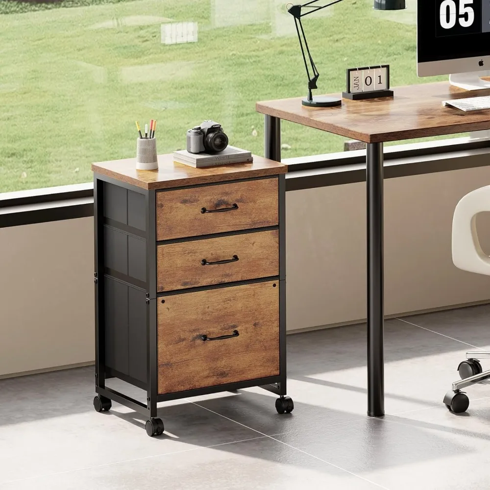 

Мобильный шкаф для документов с тремя ящиками и колесиками, тканевый вертикальный шкаф для хранения документов для домашнего офиса, коричневый в деревенском стиле