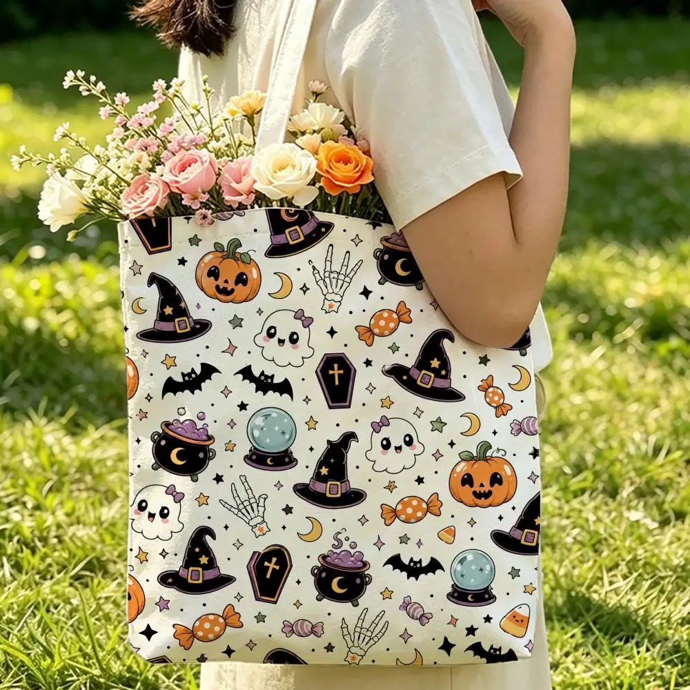 Halloween Doodle Collage Storage Bags Canvas Double-Sided Print Women Large Tote Bag Durable Beach Picnic Foldable Gift Eco