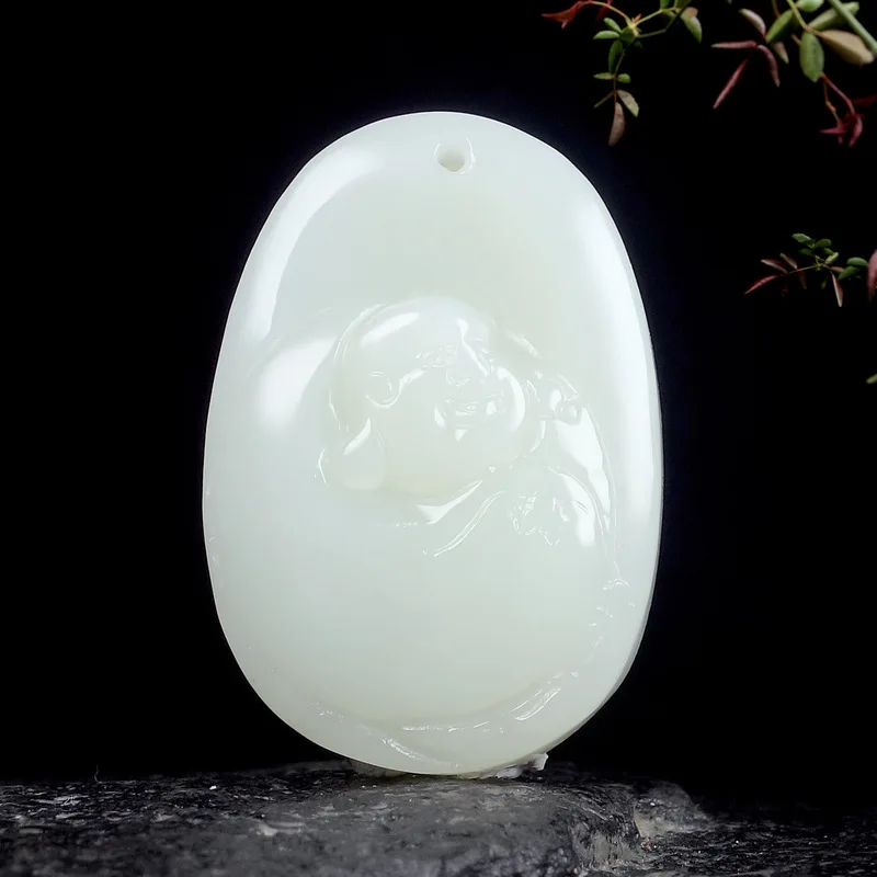 Natural Hotan Women, White Jade Laughing Buddha Pendant
