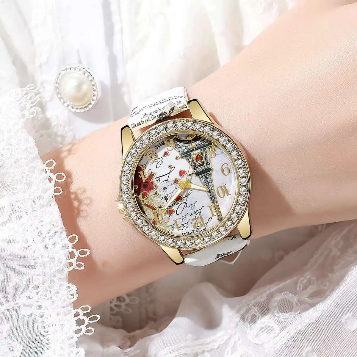 Fashion Flowers Women Watches Casual Leather Strap Analog Quartz Watch Reloj Mujer Girls Clock Gift
