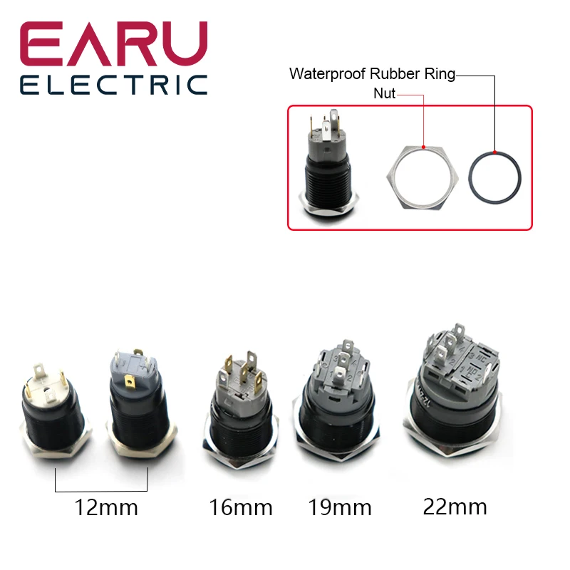 12/16/19/22mm Waterproof Metal Push Oxidized Black Button Switch Latching Momentary LED Light Power Switch 5V 12V 24V 220V