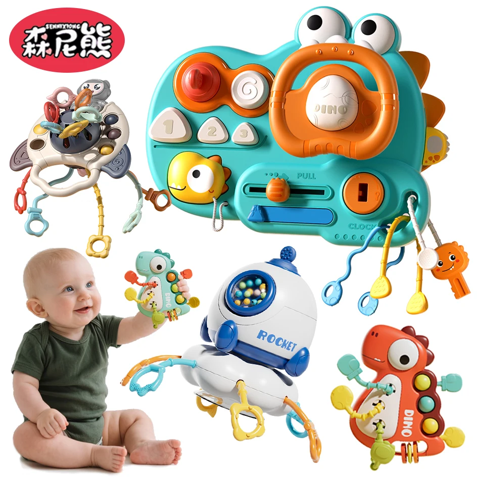 Sennixiong bebê dino urso tigre spaceman dentição puxar corda montessori dinossauro volante brinquedos sensoriais para o presente da criança