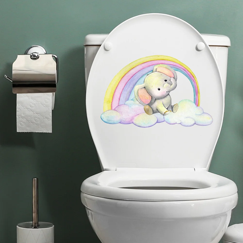 Cartoon Little Elephant Rainbow Wall Stickers Bathroom Toilet Decor Decals Bedroom Cabinet Home Decoration Kids Room Wallpaper