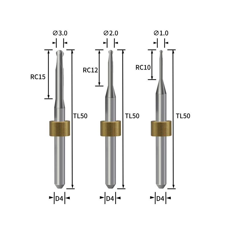 Yangsheng ทันตกรรมมิลลิ่ง Burs สําหรับโลหะ CAD/CAM Shank4 เครื่องตัดเส้นผ่านศูนย์กลาง 3.0/2.0/1.0 มม.เจาะทันตกรรม Milling Burs