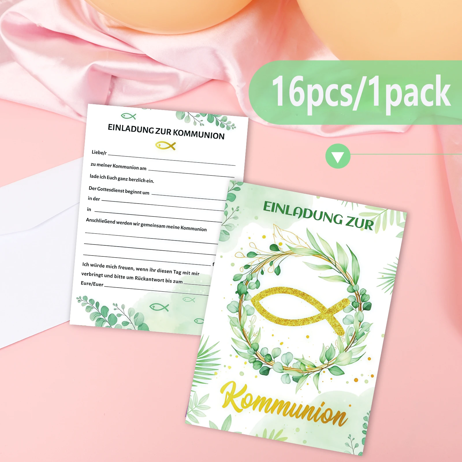 16-teiliges Set mit Einladungskarten für die Kommunion |   Eukalyptus- und Fischdesign |   Personalisiert mit Namen und Datum