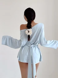 Lazy Style Loose One Shoulder Long Sleeved T-shirt For Women, 2024 Autumn Winter Waist Strap Design Top Dress Elegant SGZ9