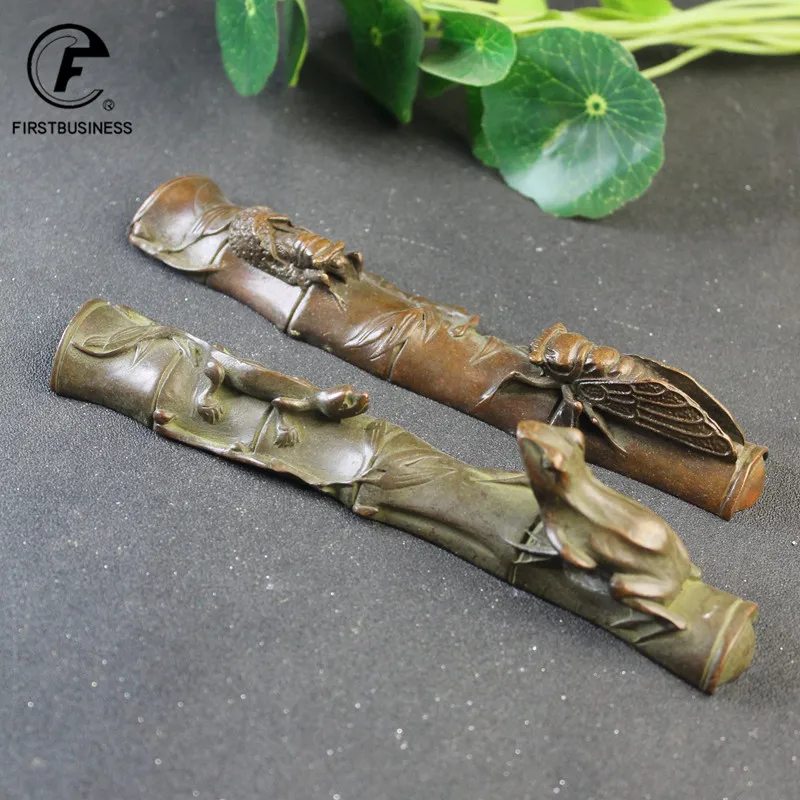 Antique Copper Bamboo Frog Lizard Figurines Vintage Home Decoration Crafts Metal Animals Small Statue Feng Shui Desktop Ornament