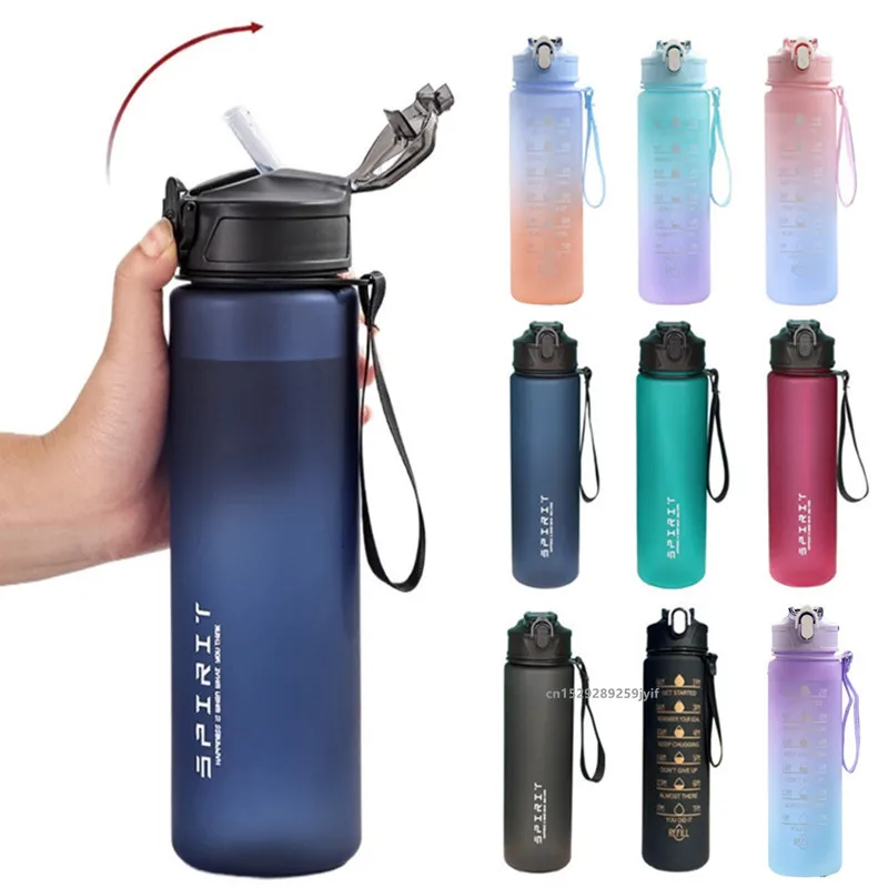 750ML Motivational Sports Water Bottle with Time Marker Leak-proof Straw Cup Portable Water bottle for Outdoor Fitness
