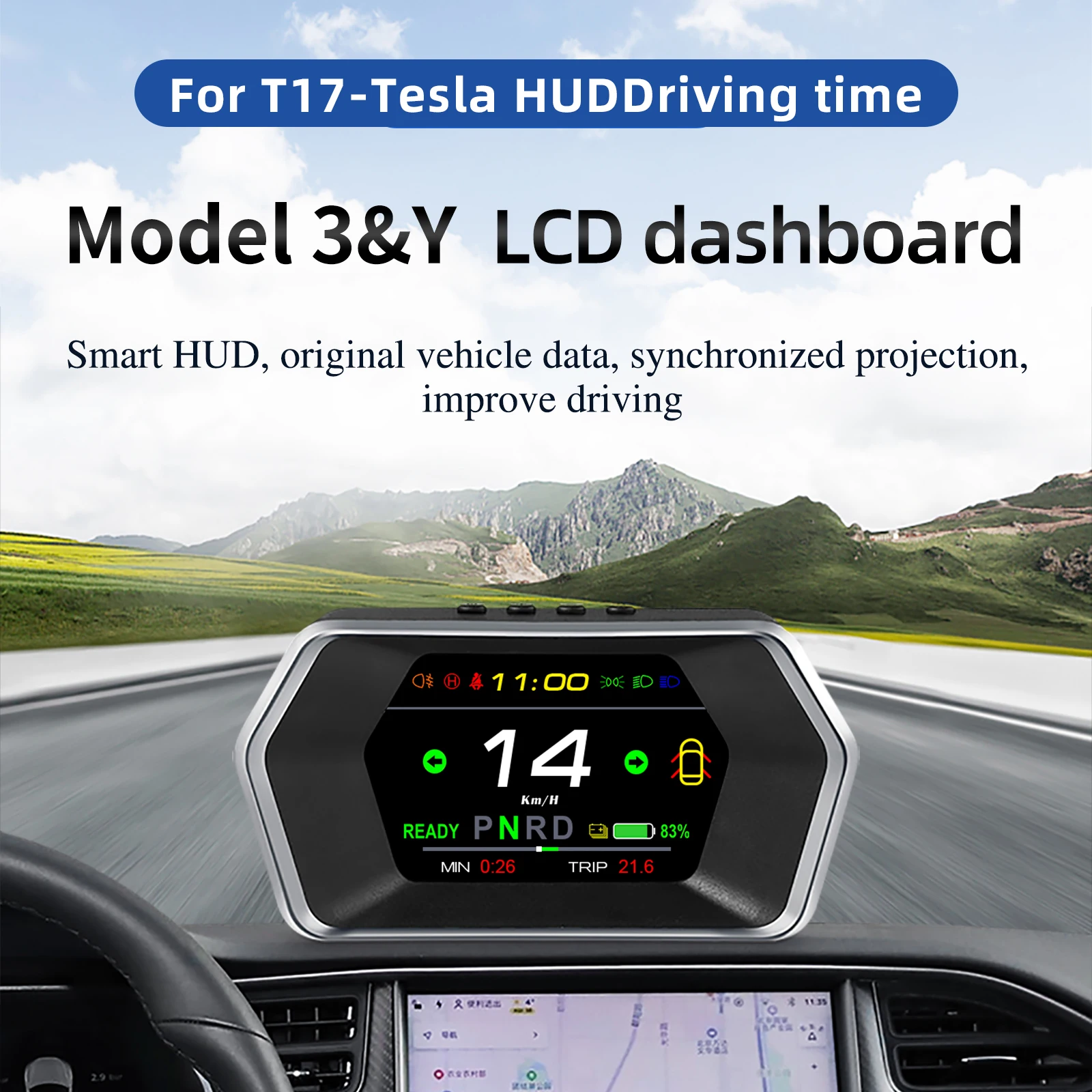 3.3-inch Dashboard Real-Time Speed Gear Position Seat Belts Brake Warning Display Fit for CarPlay and Android Auto Automotive Dashboard for Model Y 2019-2025 and for Model 3 2021-2025