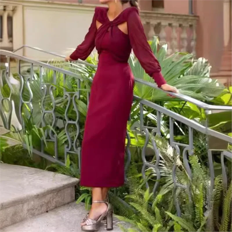 

Женское модное однотонное полое сексуальное платье миди с открытой спиной и длинными рукавами, весенне-осеннее элегантное вечернее платье-карандаш, длинные платья, халат