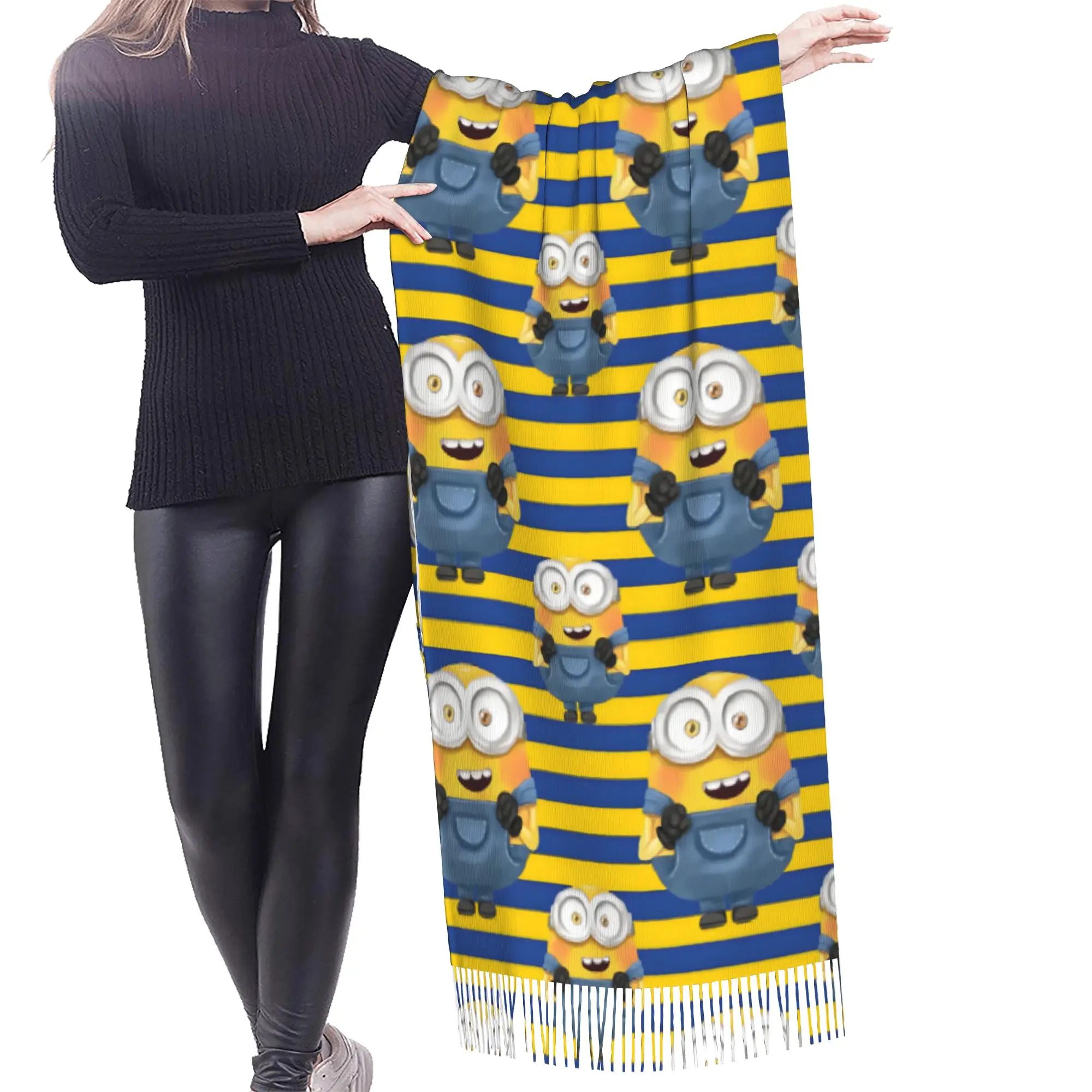 Custom Female Large M-Minioned Anime Scarves Women Winter Fall Soft Warm Tassel Shawl Wraps Manga Cartoon Scarf