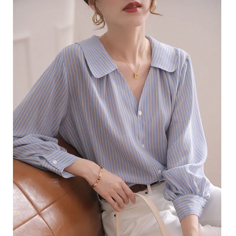 

Fashion V-Neck Button Autumn New Striped Shirt Loose Casual Tops Long Sleeve Commute Women's Clothing Printed All-match Blouses