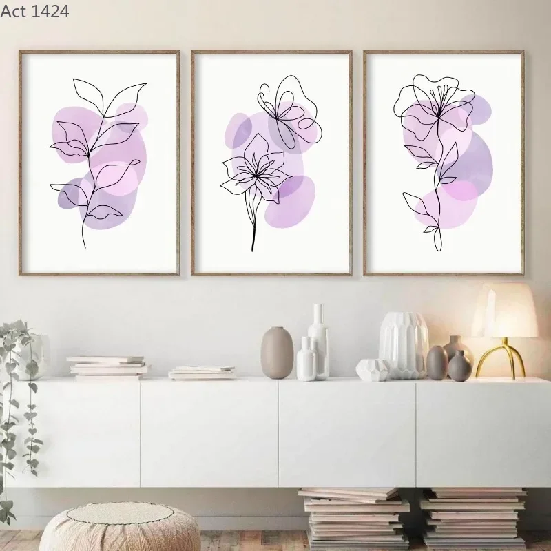 Lilac Floral Pastel Danish Abstract Flowers Line Art Posters and Prints Canvas Painting Wall Picture for Living Room Home Dec