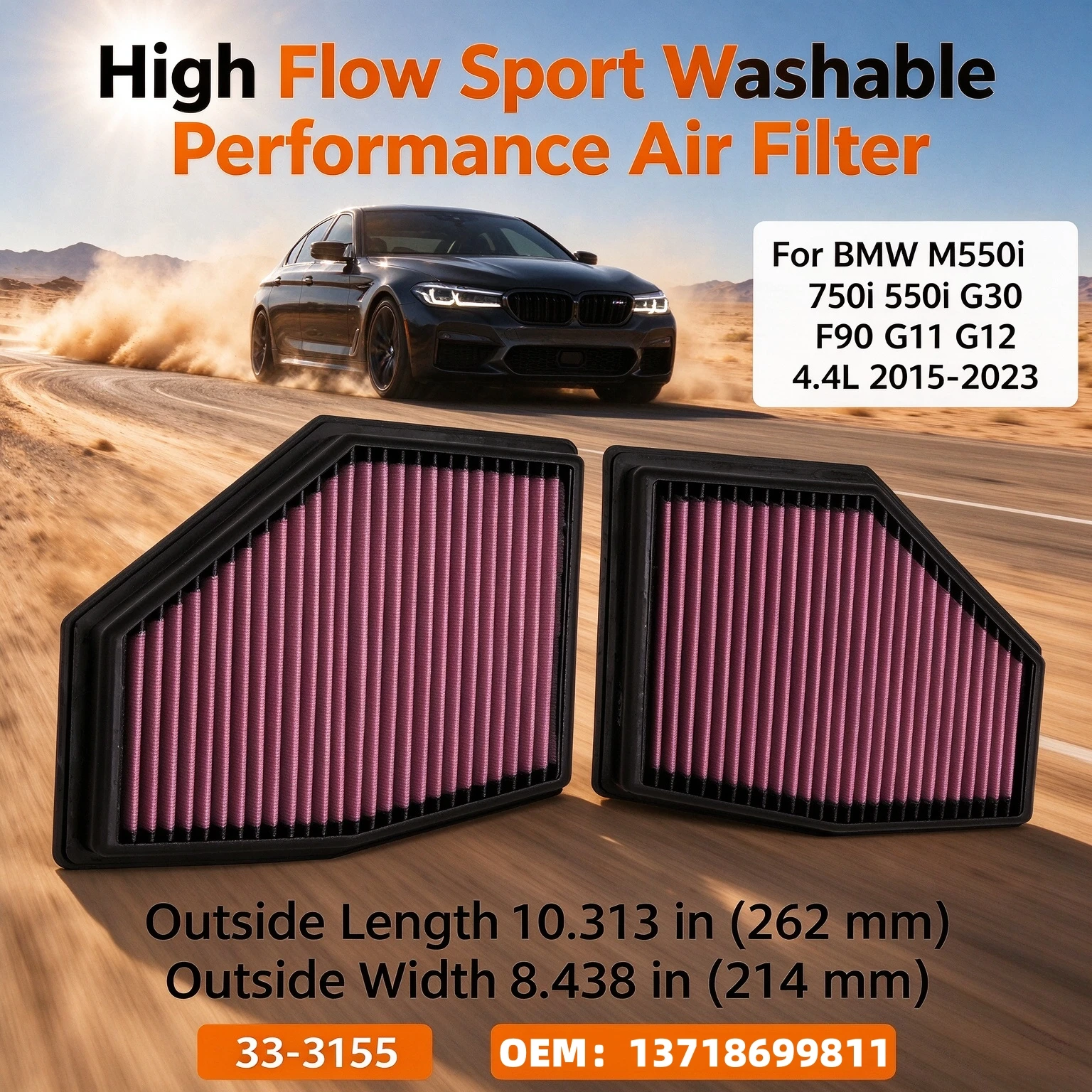 High Flow Sport Washable Performance Air Filter For BMW M550i 750i 550i G30 F90 G11 G12 4.4L 2015-2023 33-3155 13718699811