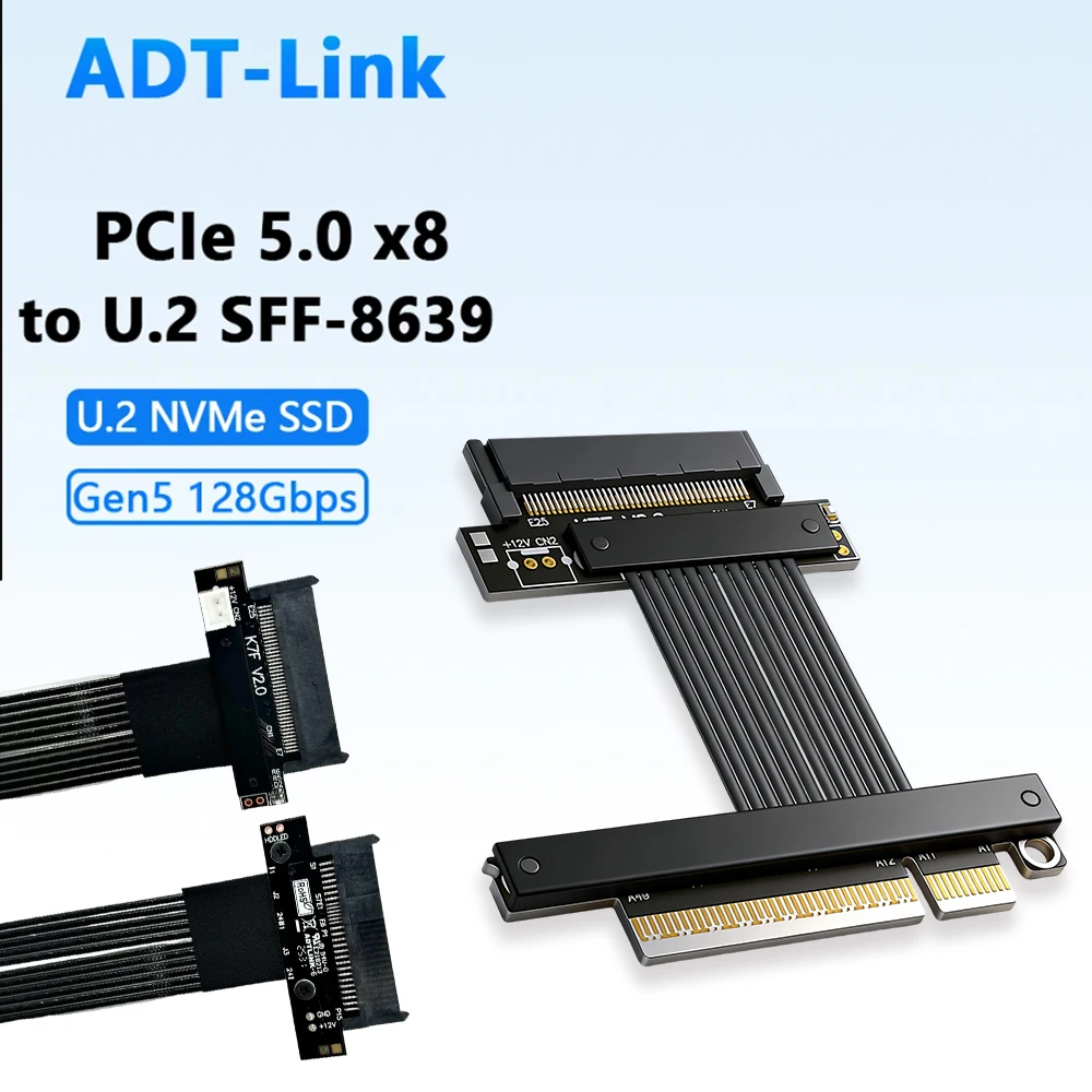 ADT-Link PCIe 5.0 X16 To U.2 SFF-8639 U.2 NVMe SSD Riser Cable 5.0 X4 Gen5 128Gbps Adapter High-Speed U2 8639 Extension 5-100cm