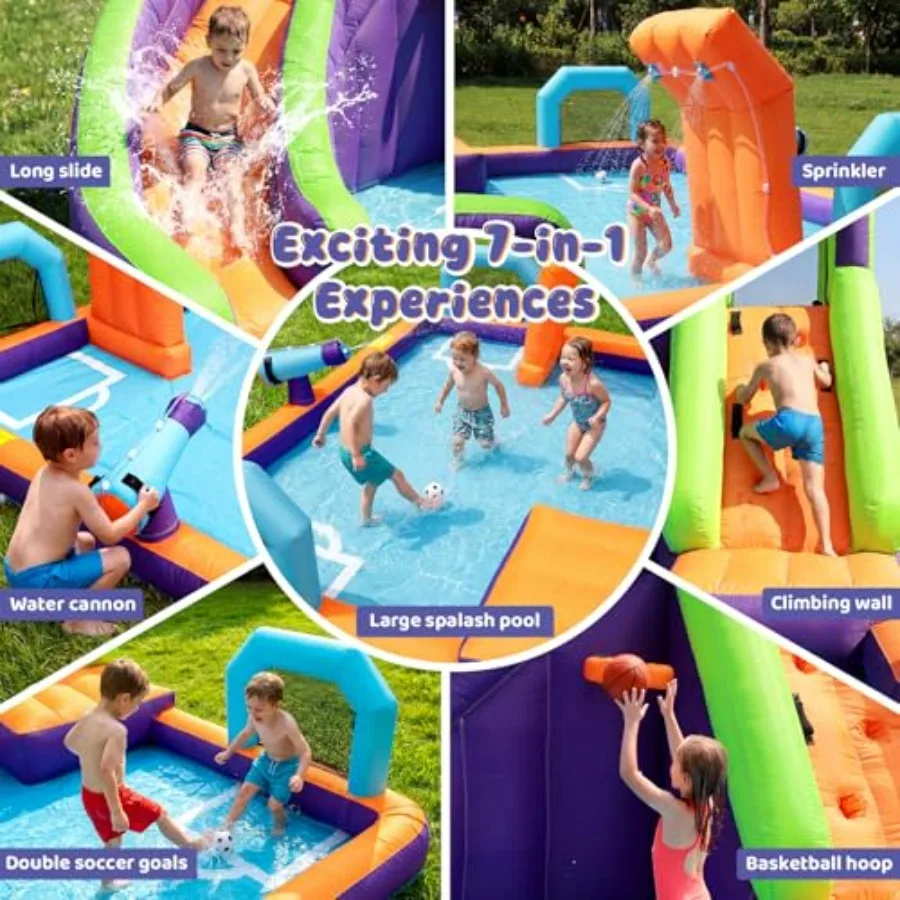 Backyard inflatable water slide for kids: PVC, blue/red, 7-in-1 with 450W blower, splash pool, 2 soccer goals, basketball hoop,