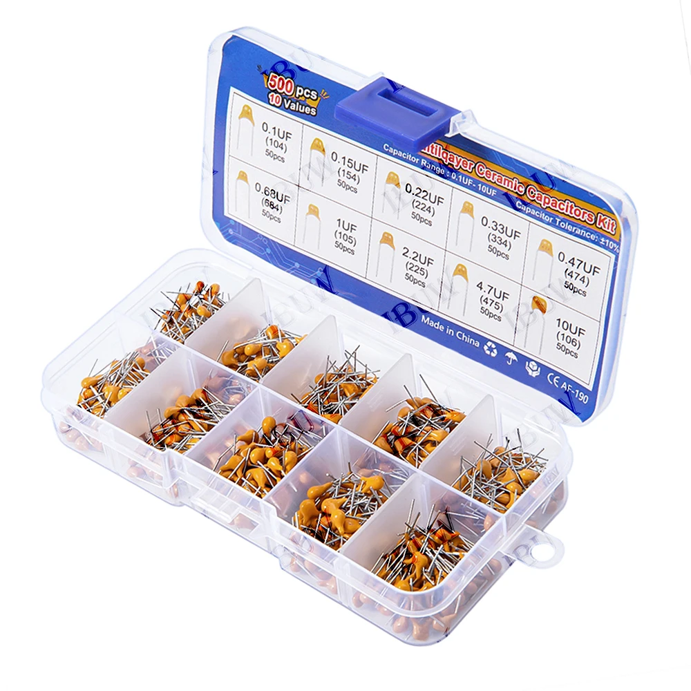 

10Values monolithic ceramic capacitor 0.1UF-10UF kit 0.15UF 0..22UF 0.33UF 0.47UF 0.68UF each 50PCS 1UF 2.2UF 4.7UF