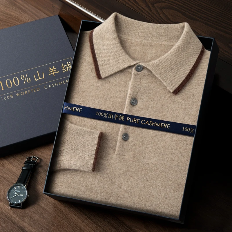 

Воротник-поло, высококачественный мужской свитер из 100% кашемира, осенне-зимний базовый пуловер, мягкий повседневный теплый трикотаж, новые модные топы