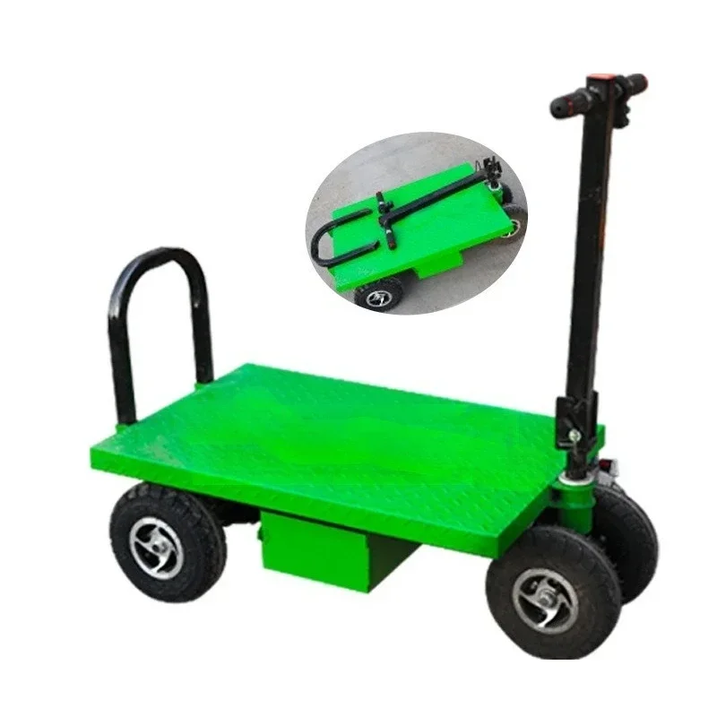 

Hand push station driving four-wheel electric flat plate, reverse riding to pull goods for handling
