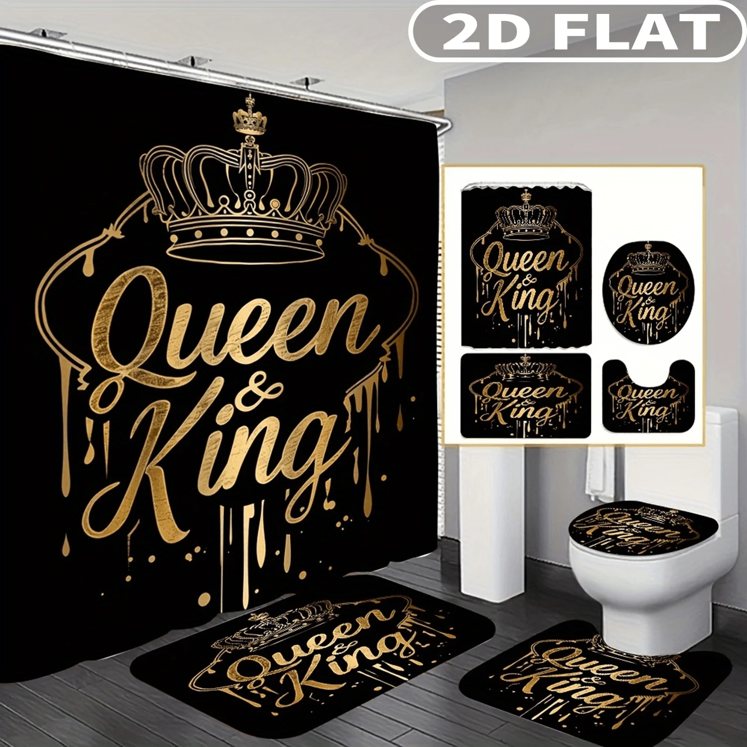 

1pc/ 4pcs 2D FLAT Queen And King Crown Pattern Shower Curtain Set, Accessories with Bath Mat, U-shaped Mat, Toilet Lid Cover
