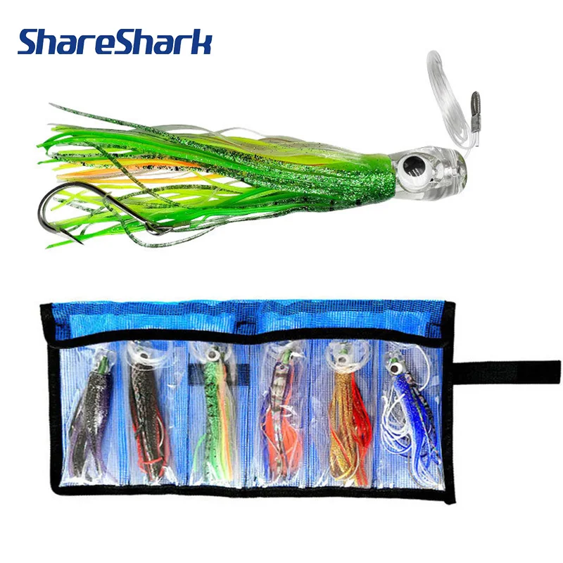 ShareShark 6-teiliges Salzwasser-Schleppköder-Set mit Tintenfisch-Rockködern für Hochsee-Angeln auf Thunfisch und Marlin