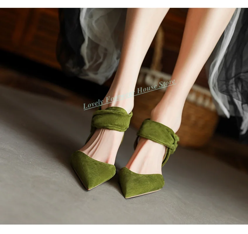 Woman Velvet Graceful Sandals Shoes 6.5cm Thin High Heel Pointed Toe Lace Up Female Green Party Wedding Sandal Shoes