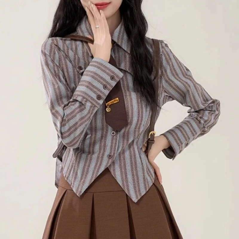 

Patchwork Vertical Stripes Tie Slim Shirt Women Spring and Autumn Retro College Style Lapel Long Sleeve Irregular Short Shirts