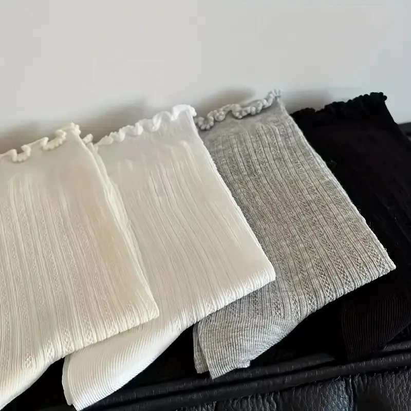5/10 Paar Damen-Socken, einfarbig, Netzstoff, mittlere Röhre, Sommer, leicht, atmungsaktiv, modisch, gewellter Rand, Ballett-Stil, lässige Socken – Detail 8