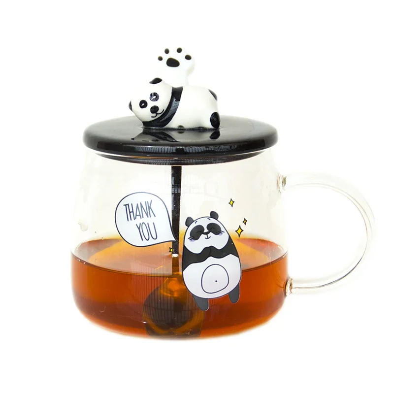 500ml Creative Heat-resistant glass mug with lid borosilicate glass cartoon panda mug milk breakfast coffee cup home