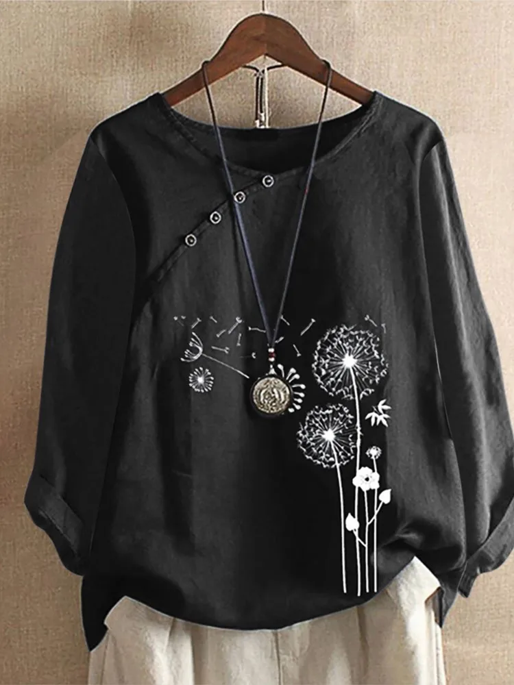 Autumn New Women's Long Sleeved Loose Round Neck T-shirt Fashionable Printed Button Up Women's Top Casual And Comfortable