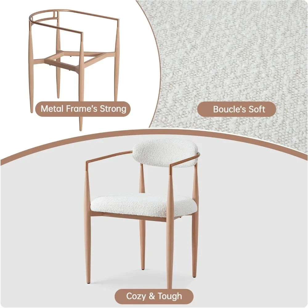 Modern Upholstered Dining Chairs Set of 4, White Boucle Dining Chairs with Arm and Wood Grain Legs for Kitchen, Living Room image 3