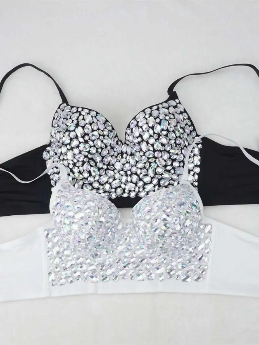 

Топ на бретелях с украшенными драгоценностями, женская модная верхняя одежда iny Diamond, укороченный топ на бретельках, красивая одежда на груди