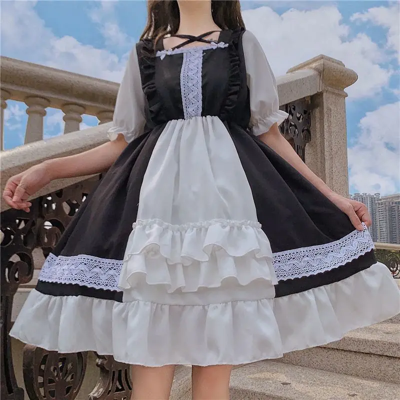 

Japanese Soft Girl Lolita2024 Cute Student Light Lo Lace Ruffle Edge Puff Sleeve Fashionable and Elegant Short Sleeved Dress