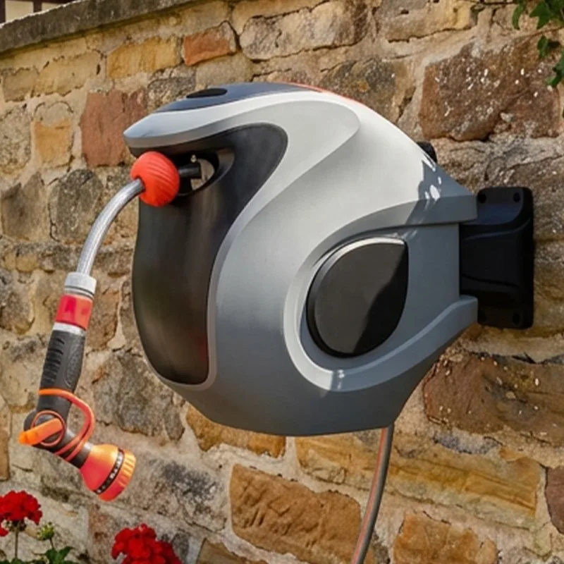 Automatischer Gartenschlauchwagen 30m zur Wandmontage mit 9-Wege-Spritzpistole, knickfester, einziehbarer Schlauchhalterbox für Terrasse und Autowäsche