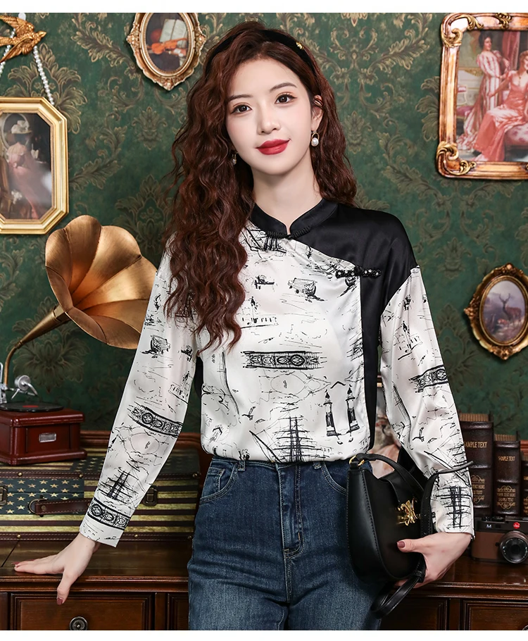 FANIECES Spring Autumn Shirt for Women\'s Round Neck Retro Long Sleeve Chinese Style Printed Top Blouse Blusas Camisas De Mujer