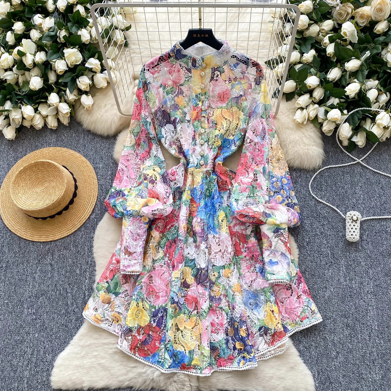 2025 French Style Elegant High-end Evening Dress Women's Tulle Cutout Crochet Print Lantern Sleeves Dress Retro Holiday Clothes