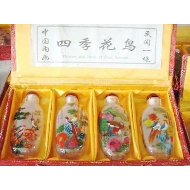 Chinese Glass painted flowers birds snuff bottles 4pc
