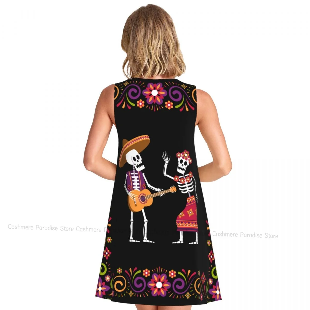 Damenkleid Skelette mit Rosen Tag der Toten Sommer Casual T-Shirt Kleider Strand Cover Up Tank Kleid