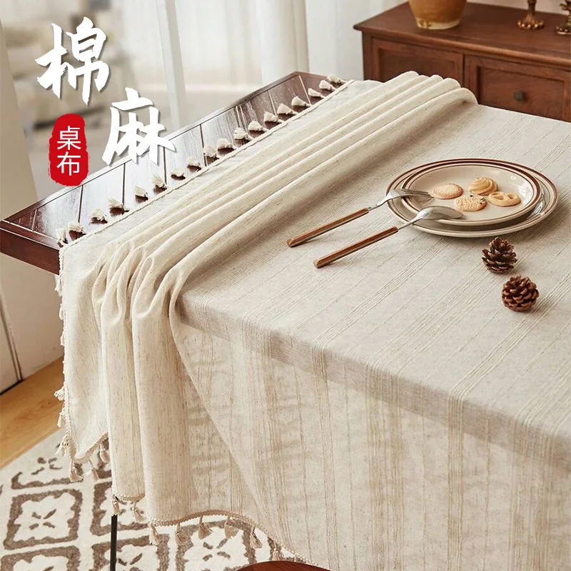 European Style Classic Cotton Linen Table Wiring Strip Flowing  Dining Tablecloth Dustproof Decorative Fabric Living Room