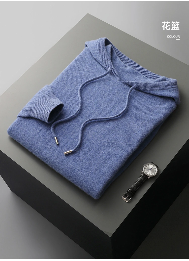 DjzDsm 100% Merino Wool Men's One-piece Ready-to-Wear Hoodie Knitted Sweatshirt Autumn Winter Casual Large Top Long Sleeved
