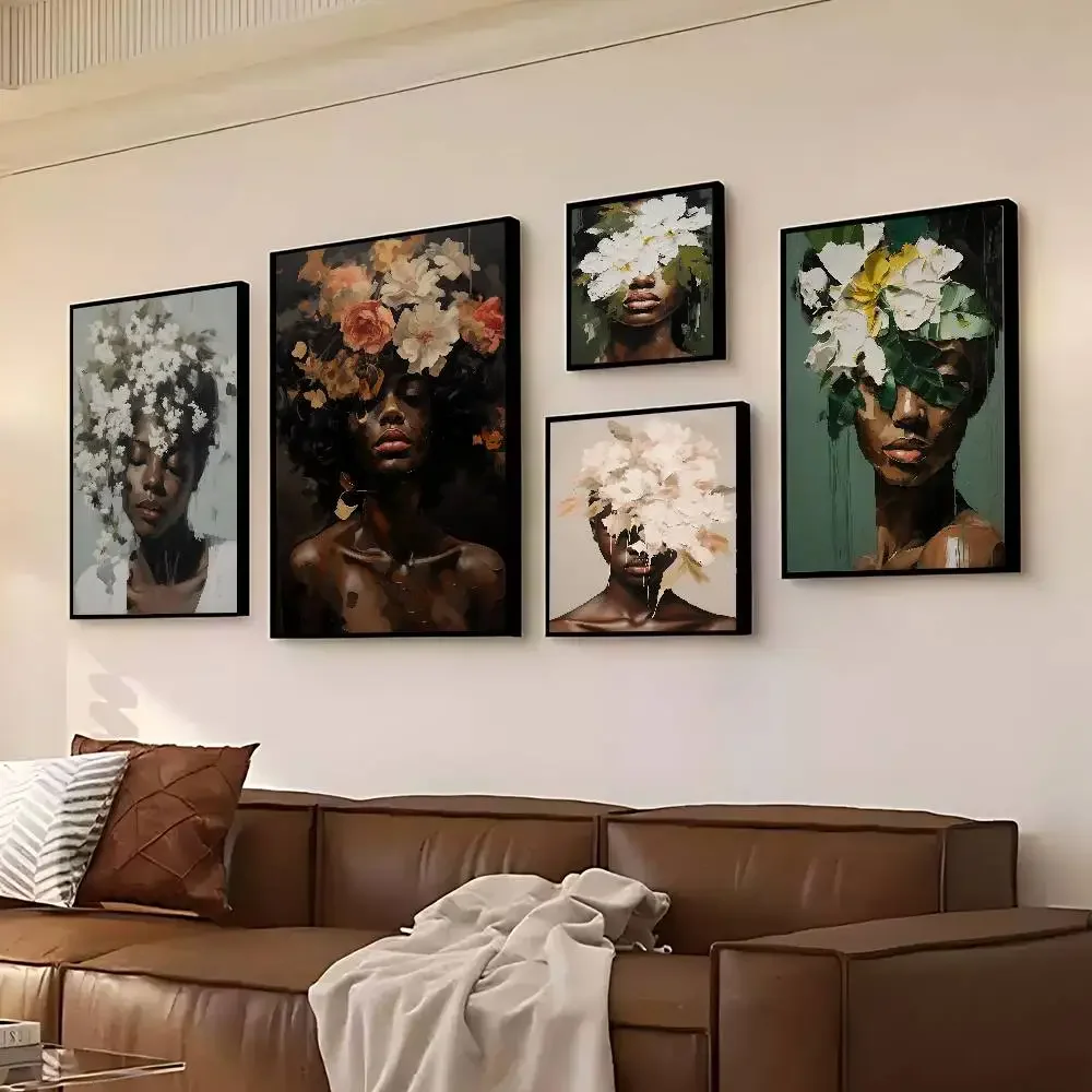 Black Woman With Blossom Peony Rose Lily Flower Poster Kraft Club Bar Paper Vintage Posters Wall Painting Bedroom Study Stickers