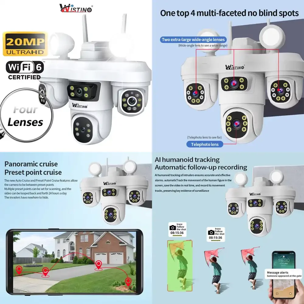 

4 Lens 4 Screen Wifi IP Camera for Outdoor Security with Human Motion Detection Alarm 4W Lighting for Farm